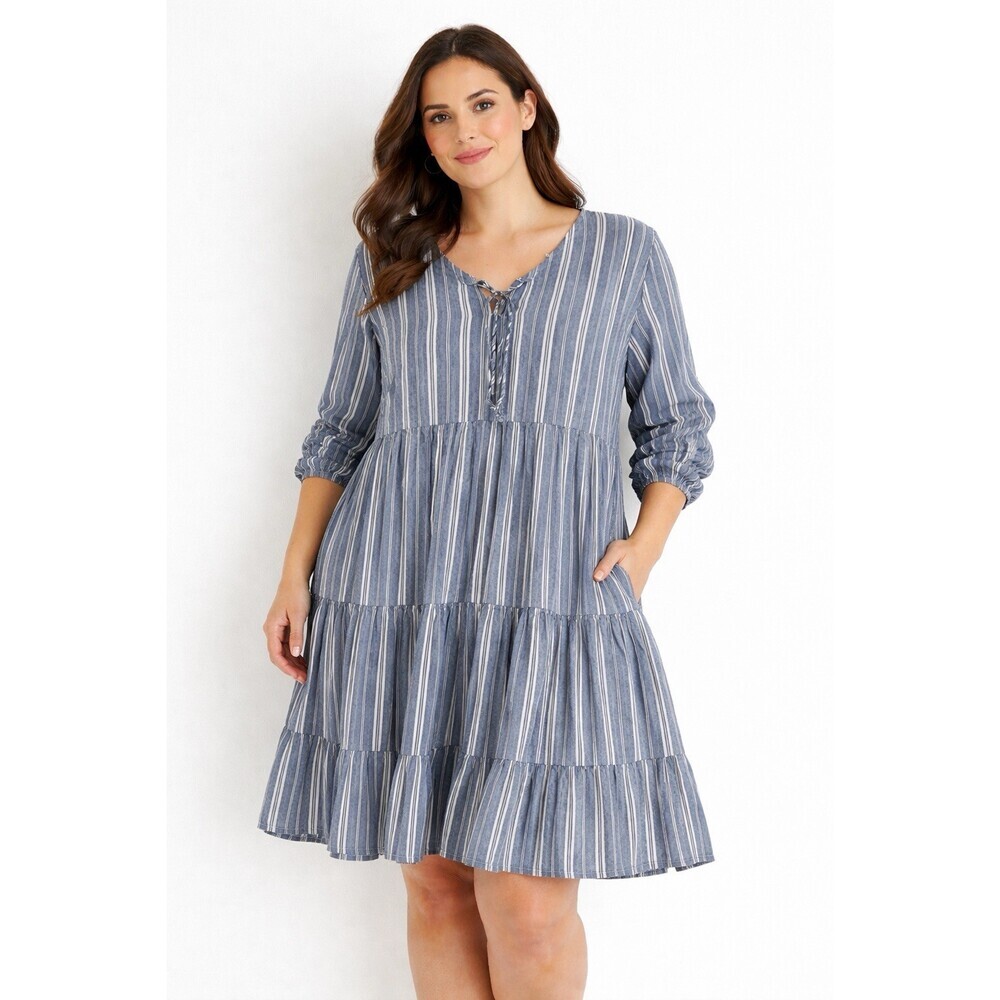 Old Navy Long-Sleeve Tiered Mini Swing Dress Sz XL Chambray Blue White Stripped